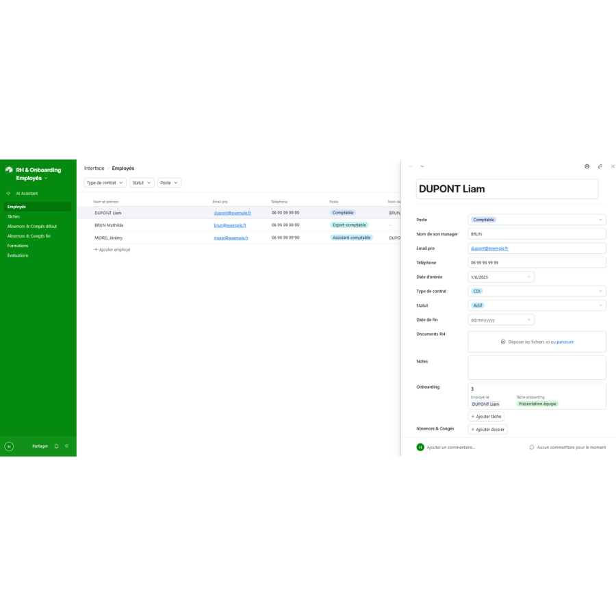 Screenshot of RH & Onboarding Employees interface showing employee details and onboarding options.