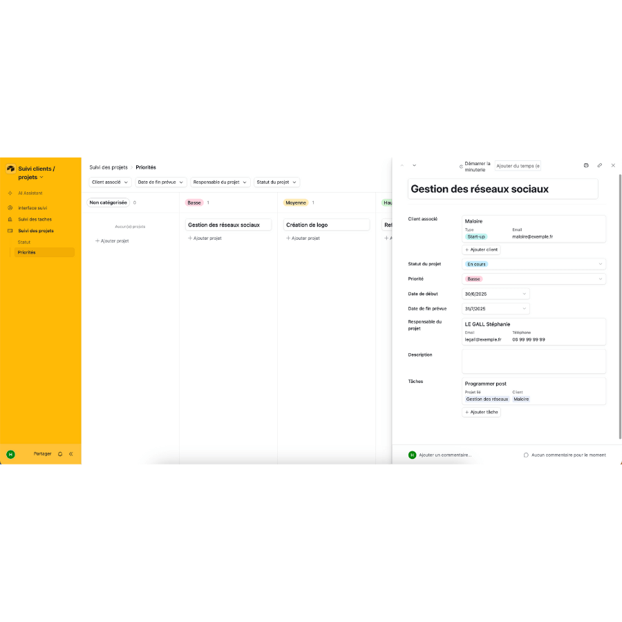Interface de gestion de projet montrant le suivi des réseaux sociaux et les tâches liées aux clients.
