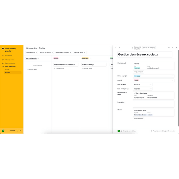 Interface de gestion de projet montrant le suivi des réseaux sociaux et les tâches liées aux clients.
