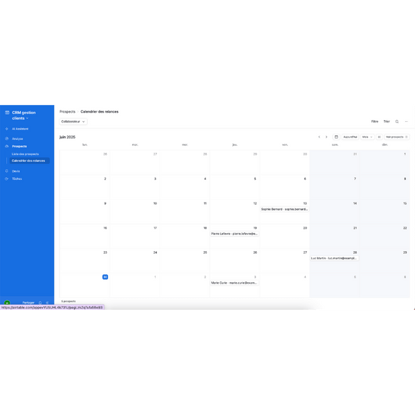 CRM calendar view for tracking reminders and follow-ups in June 2025.