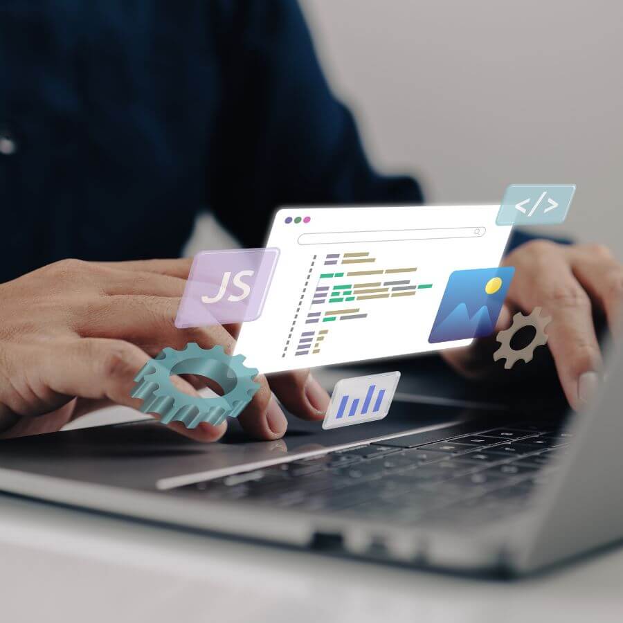 Hands typing on a laptop with virtual coding elements and gears, representing software maintenance and support.