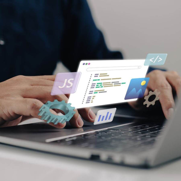 Hands typing on a laptop with virtual coding elements and gears, representing software maintenance and support.