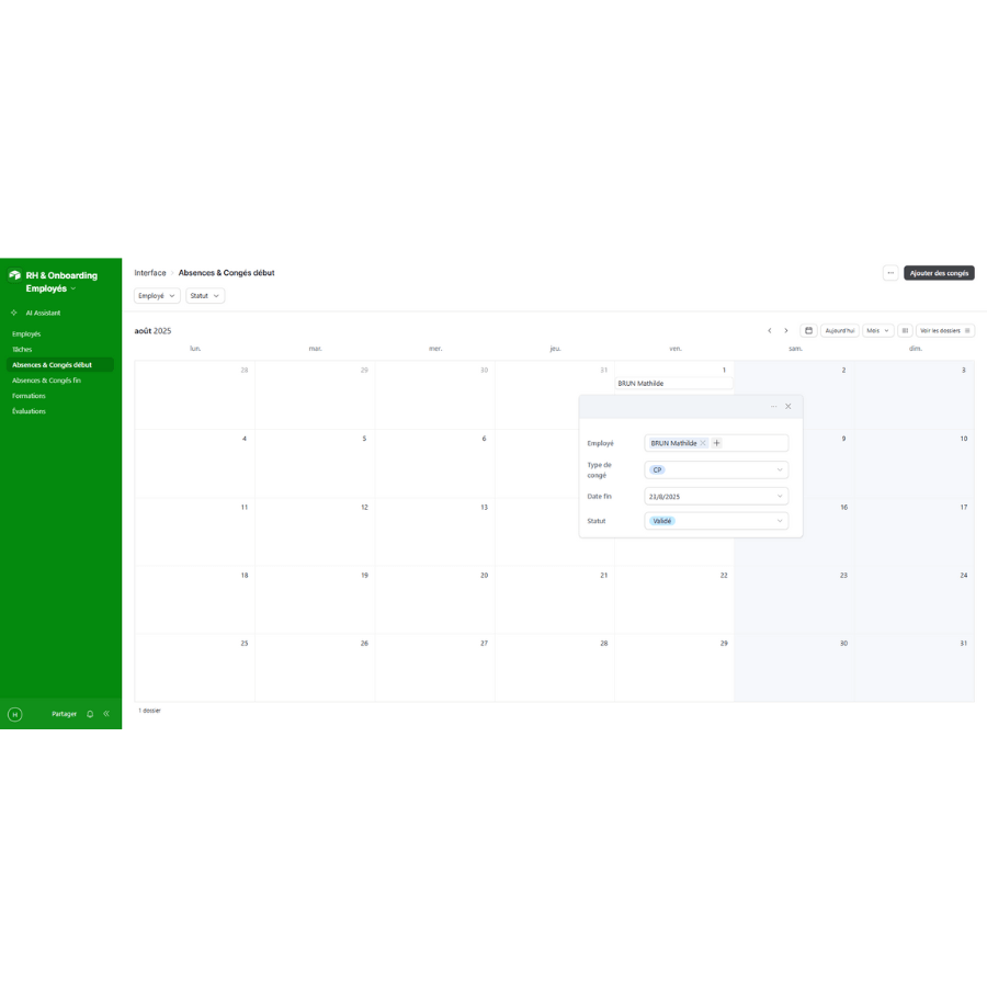 Calendar interface for RH & Onboarding Employés, showcasing employee onboarding features and functionalities.