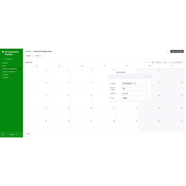 Calendar interface for RH & Onboarding Employés, showcasing employee onboarding features and functionalities.