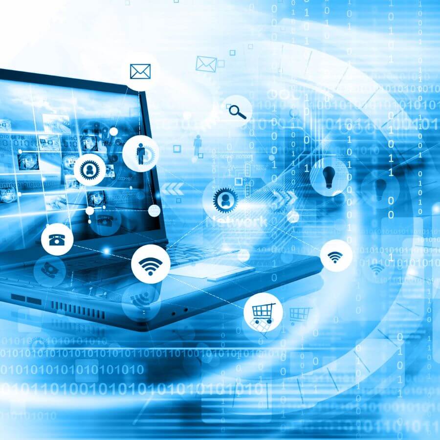 Laptop displaying digital data and various icons symbolizing network connectivity and information processing.