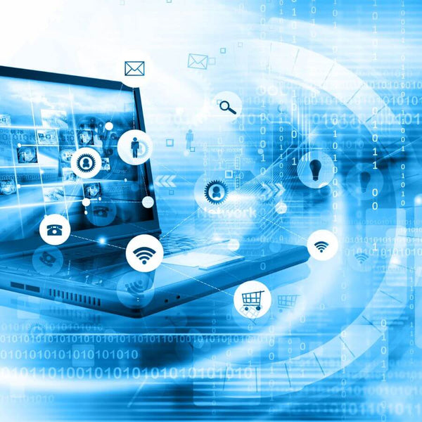 Laptop displaying digital data and various icons symbolizing network connectivity and information processing.