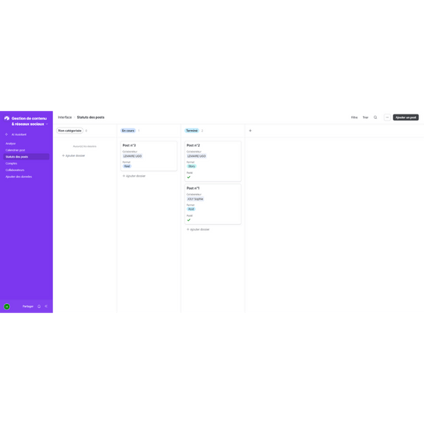 Interface de gestion de contenu pour réseaux sociaux avec sections de points et options de modification.